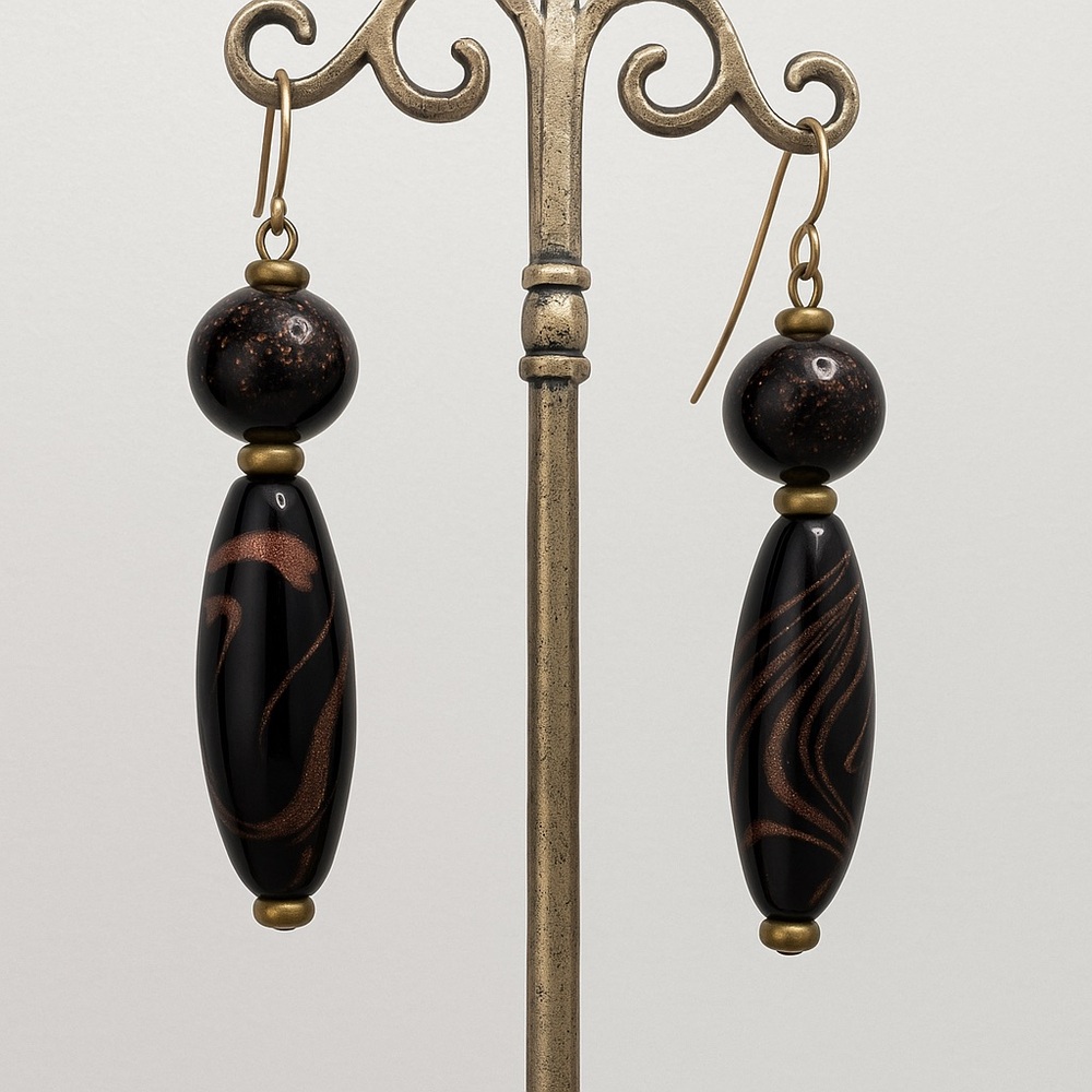 Vintage Black Glass Bead Earrings with Copper Swirl Accents